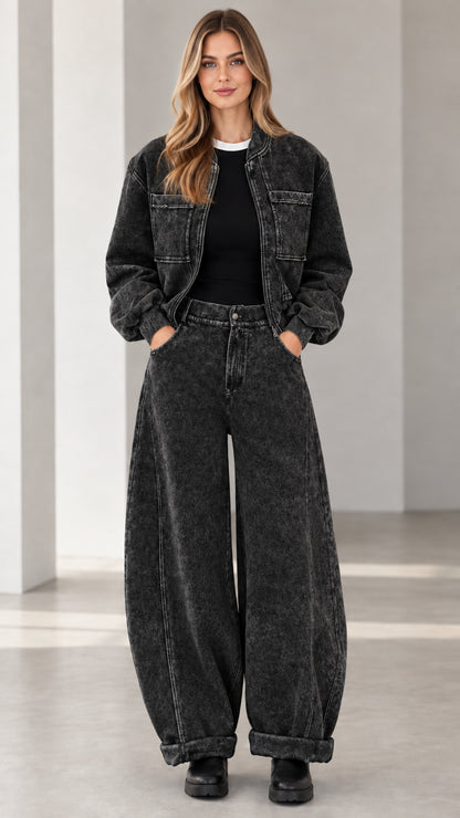 Full front view of washed black denim bomber jacket and wide leg pants set