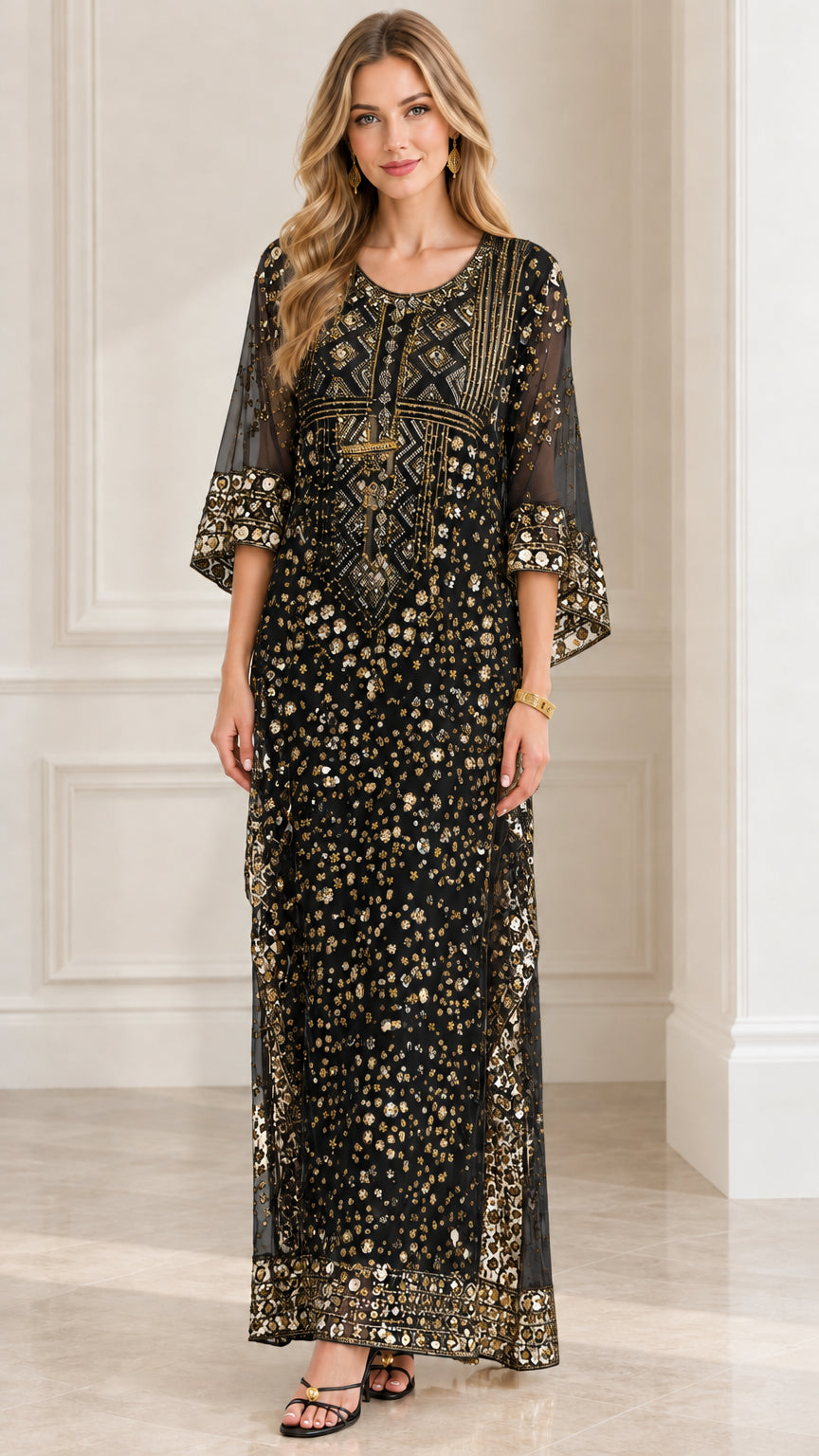 Model wearing Black and gold embellished sequin evening maxi gown