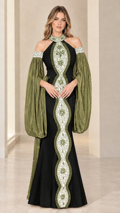 Black and olive halter evening gown with dramatic pleated sleeves