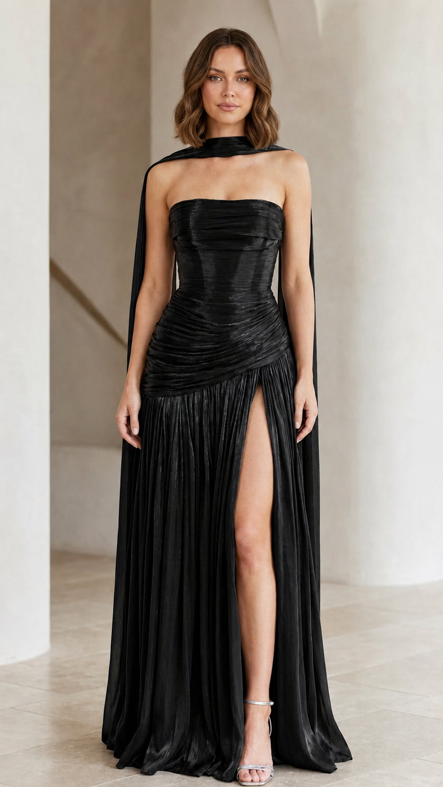 Black strapless metallic pleated formal maxi dress with scarf cape
