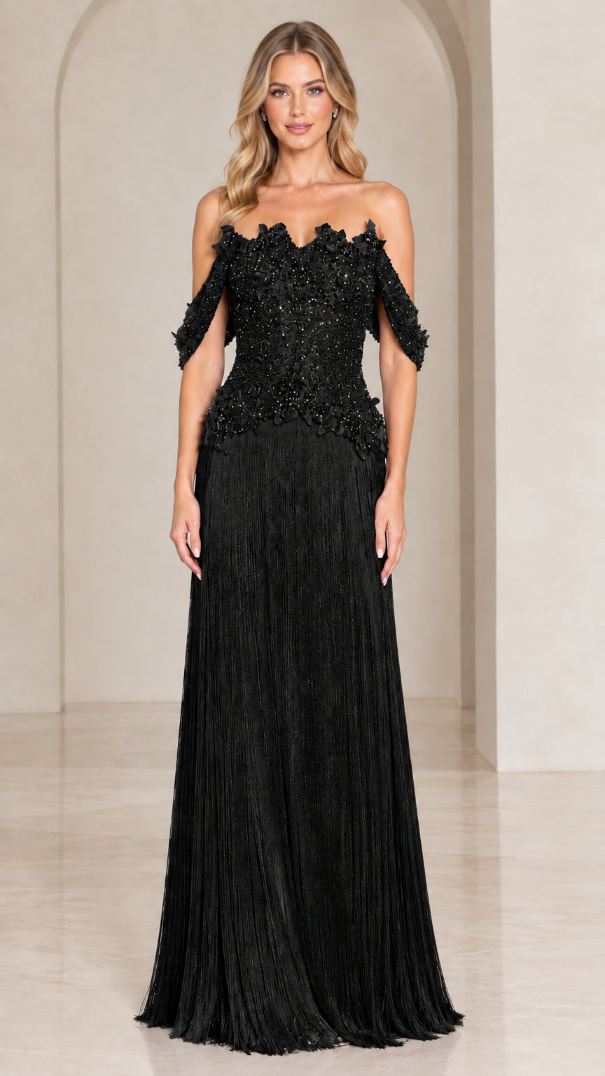 Front view of black off-the-shoulder beaded fringe formal maxi dress