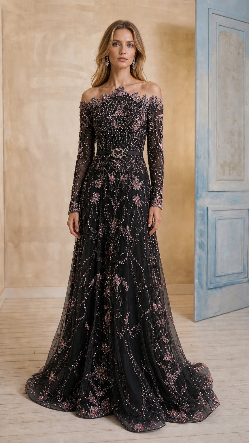 Black long sleeve off-shoulder sequin embellished formal evening gown