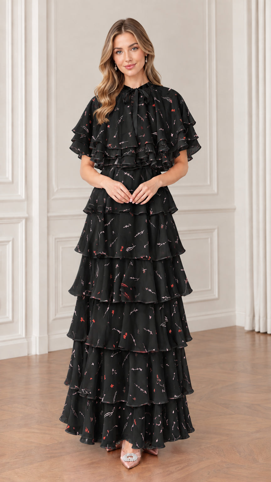 Black floral tiered chiffon maxi dress with flutter capelet bodice