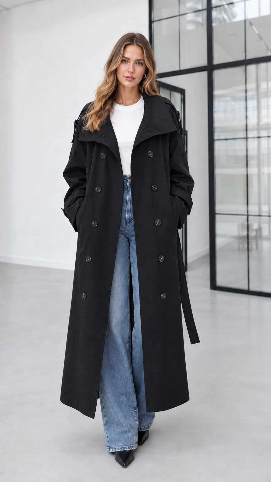 Full-length view of model wearing black double-breasted long trench coat