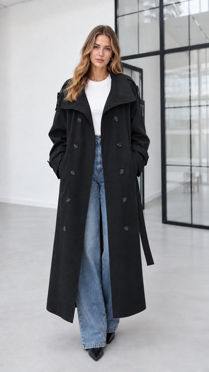 Full-length view of model wearing black double-breasted long trench coat