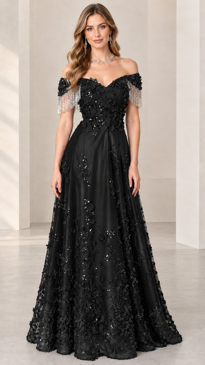 Front view of black off-the-shoulder floral appliqué formal evening gown