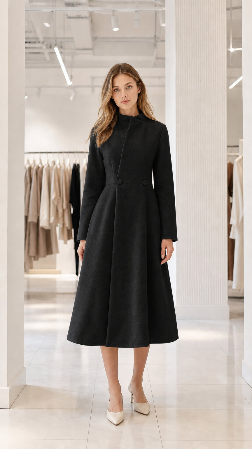 Black stand-collar A-line tailored dress coat front view on model