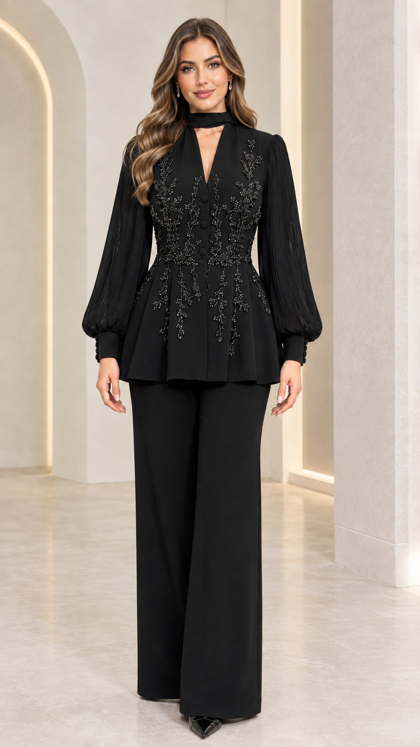 Full front view of black formal beaded peplum trouser suit