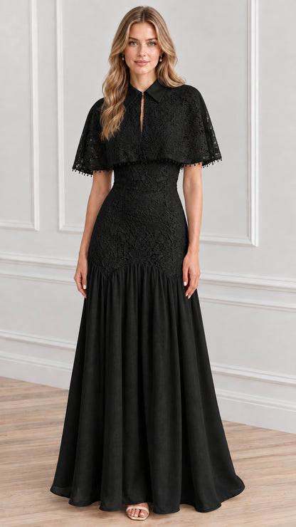 Front view of black lace capelet collared formal maxi gown