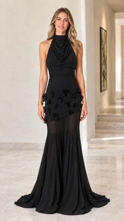 Black cowl halter 3D floral appliqué mermaid formal maxi dress