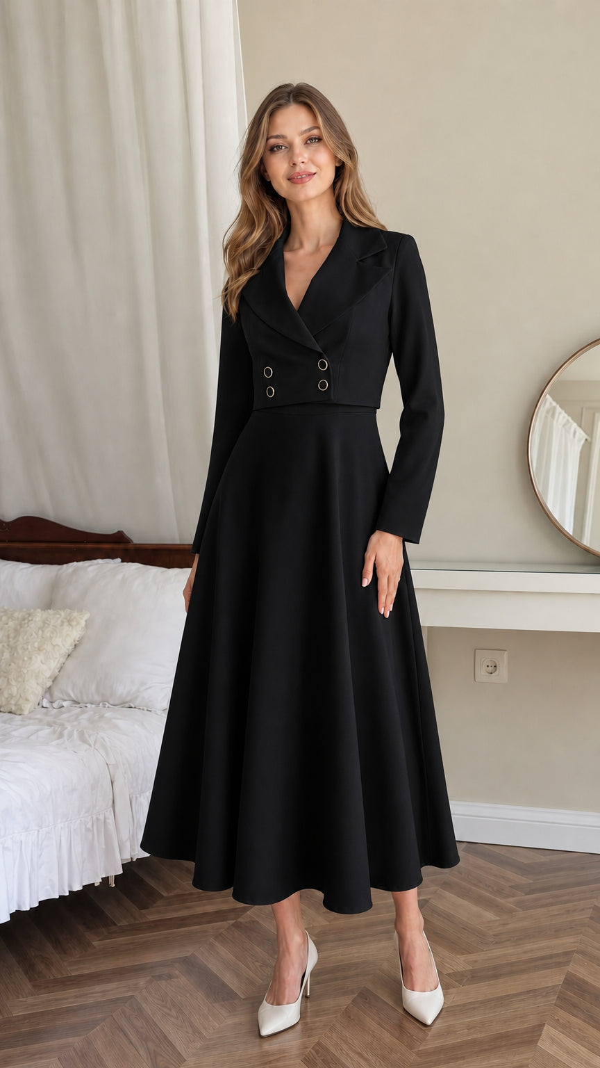 Front view of model wearing black double-breasted A-line blazer midi dress