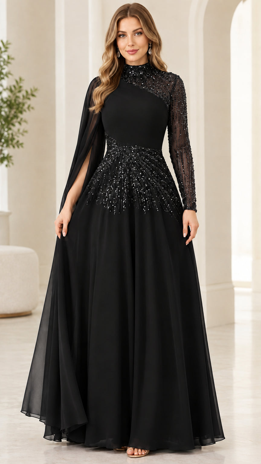 Front view of black high neck sequin cape sleeve evening gown