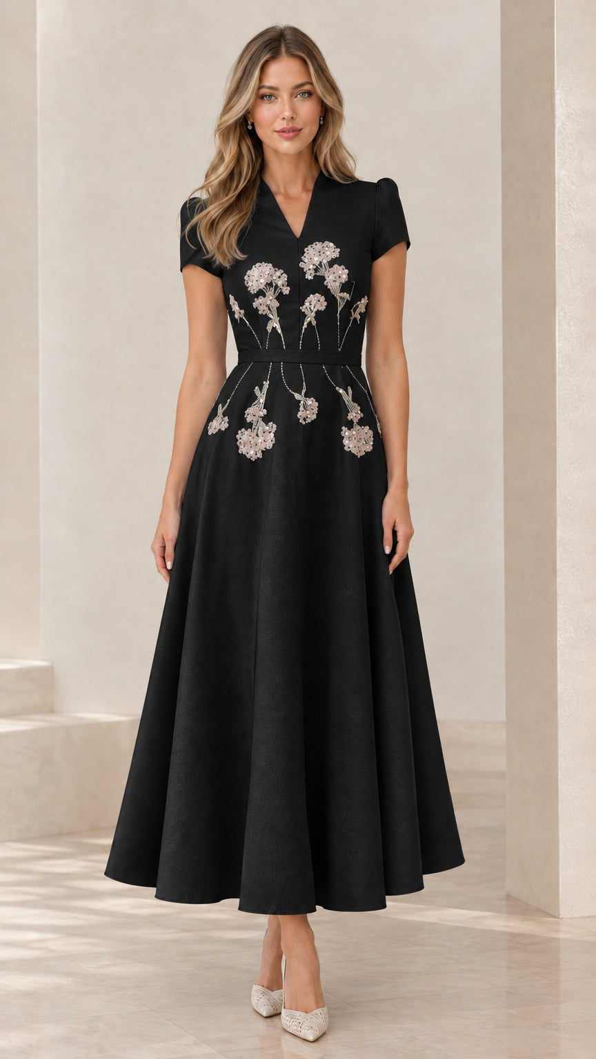 Black short sleeve floral embroidered A-line formal maxi dress