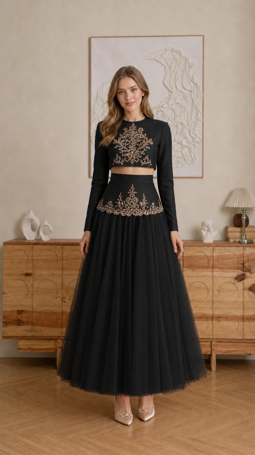 Model wearing Black embroidered long-sleeve crop top and tulle maxi skirt set - front view