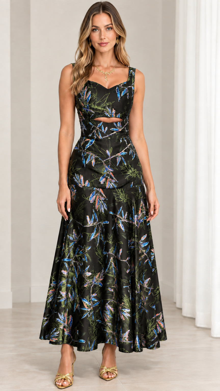 Front view of black floral print sleeveless cutout maxi dress