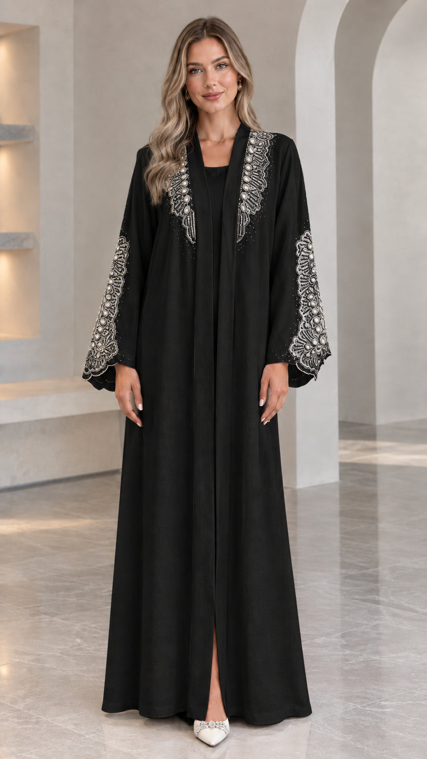 Front full view of Black embroidered abaya maxi dress
