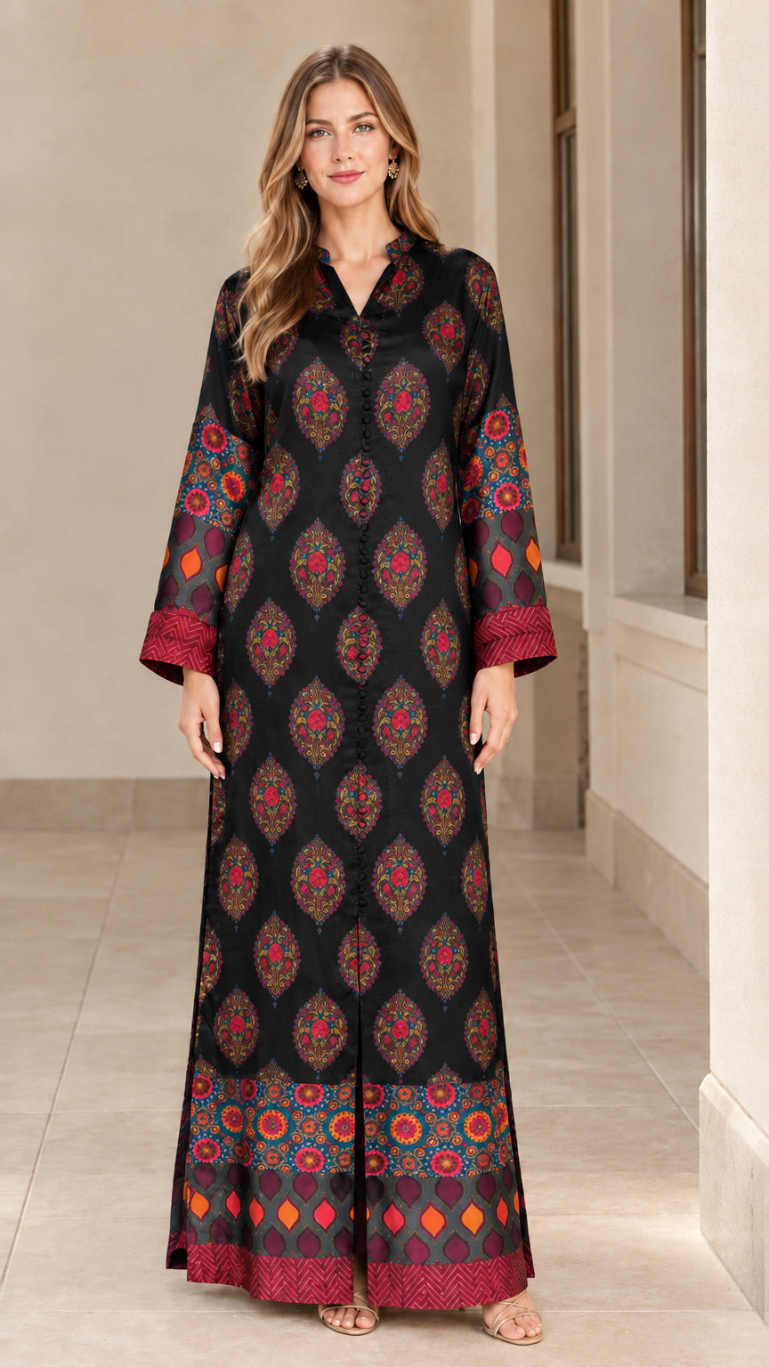 Front view of model wearing Black bohemian print satin maxi dress