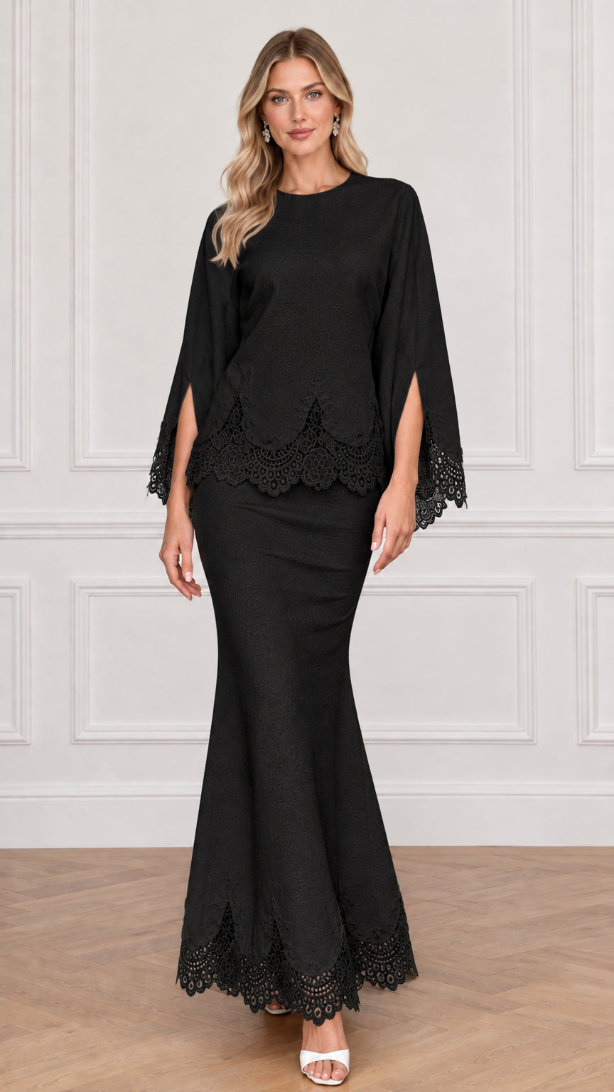 Black scalloped lace trim two-piece evening set on model