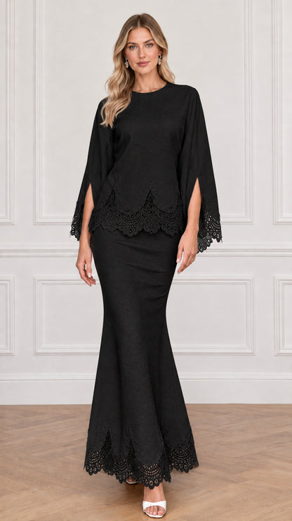 Black scalloped lace trim two-piece evening set on model