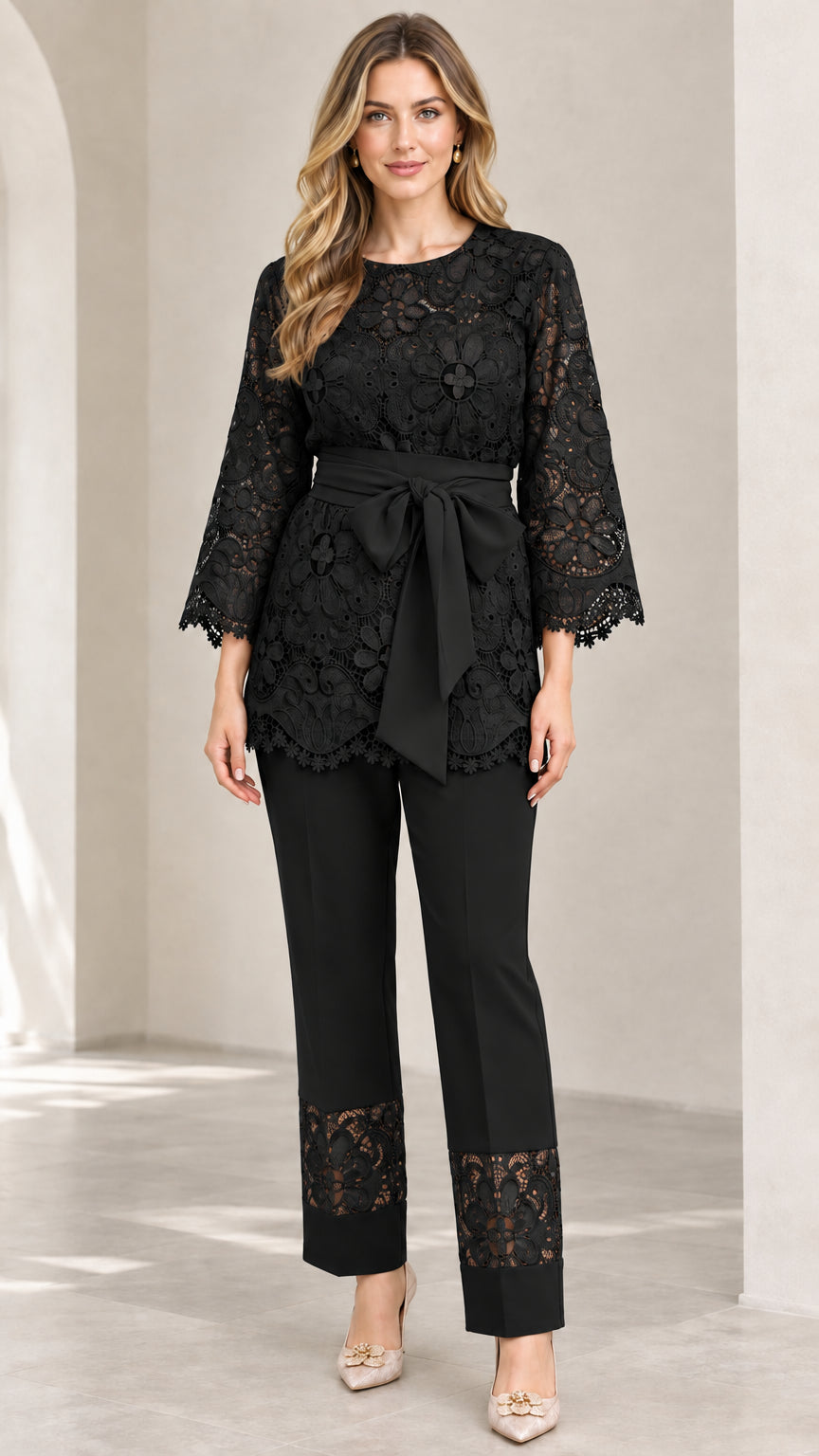 Black floral lace belted tunic top and matching trousers 2-piece set