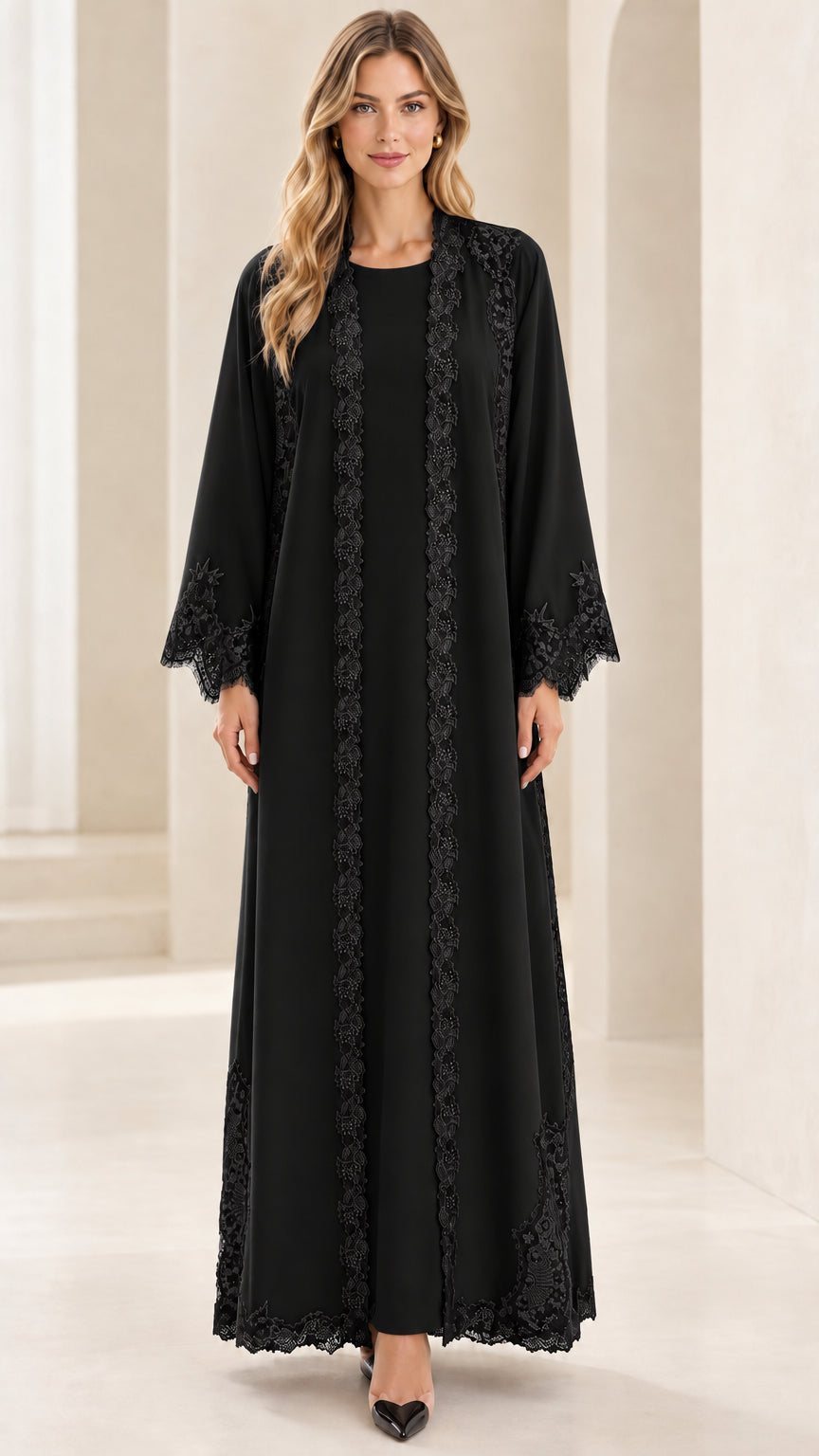 Full-length black modest maxi dress with black lace trims