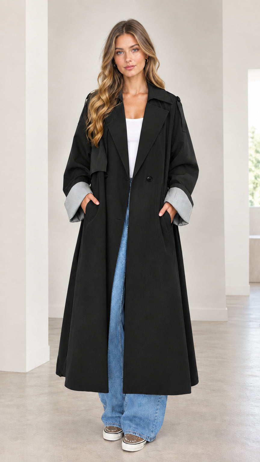 Front full-length view of woman wearing the black oversized maxi trench coat