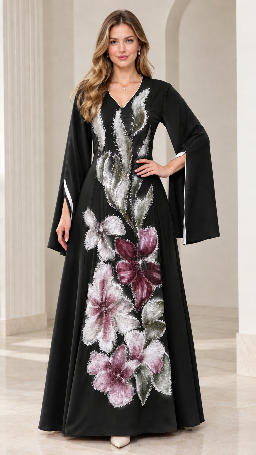 Black embroidered evening maxi dress with floral embellishment and flared sleeves