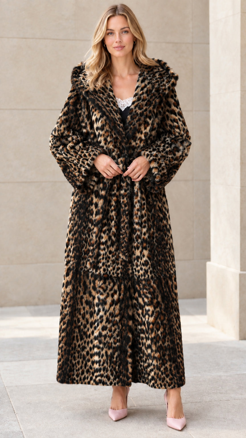 Full-length view of model wearing dark black leopard print hooded faux fur maxi coat