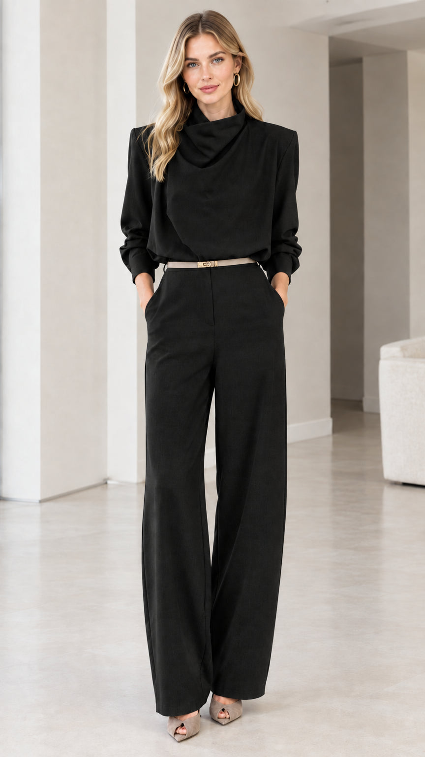 Black Long Sleeve Cowl Neck Wide Leg Belted Jumpsuit