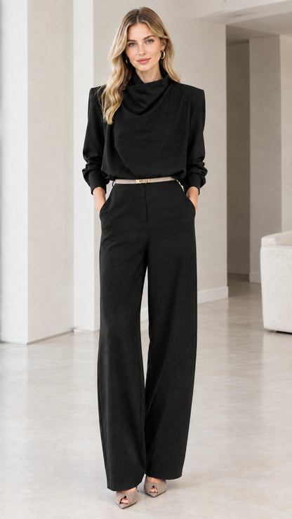 Black Long Sleeve Cowl Neck Wide Leg Belted Jumpsuit