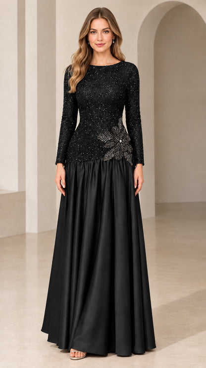 Black long sleeve sequin drop waist formal maxi evening dress