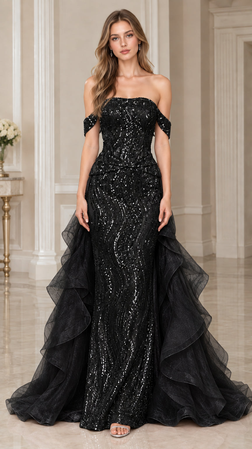 Front view of model wearing Black sequined off-the-shoulder mermaid gown with cascading ruffles