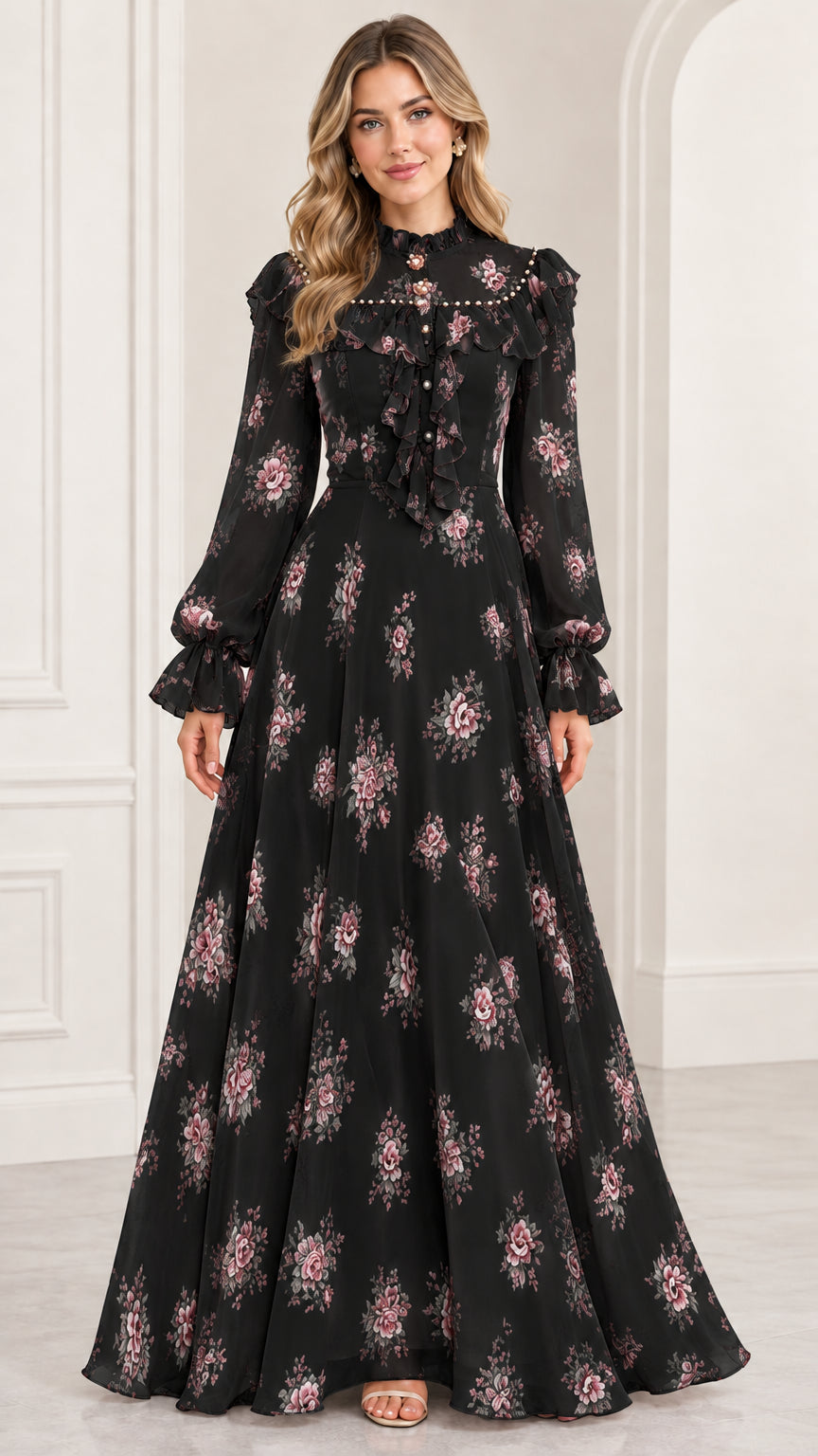 Full-length front view of woman wearing black floral high-neck long-sleeve maxi dress