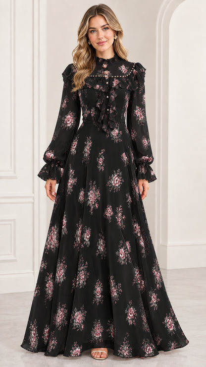 Full-length front view of woman wearing black floral high-neck long-sleeve maxi dress