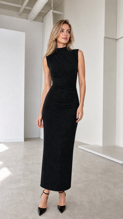 Black sleeveless mock neck glitter ruched maxi dress front view
