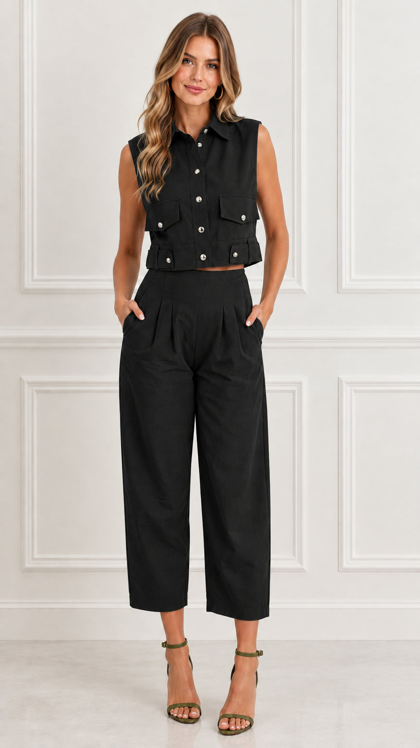 Front view of woman wearing Black sleeveless utility crop top and matching pant set