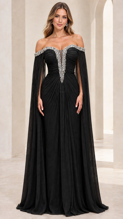 Black off-the-shoulder beaded cape sleeve formal evening gown