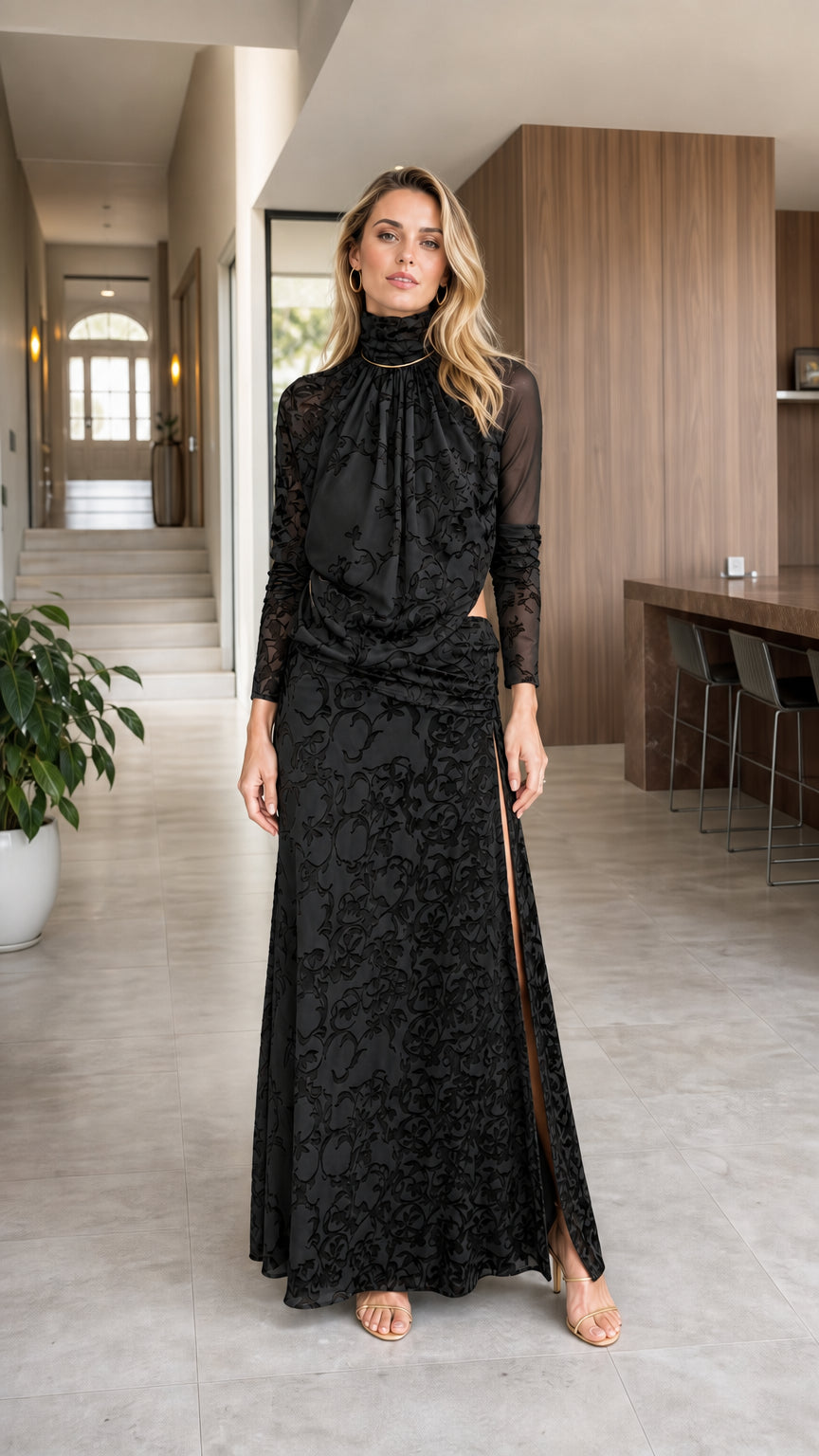 Model wearing black high neck cutout lace maxi dress