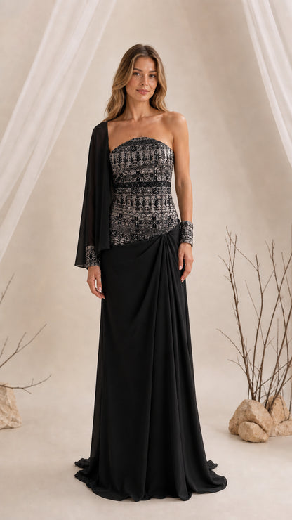 Black strapless embroidered evening gown with cape sleeve