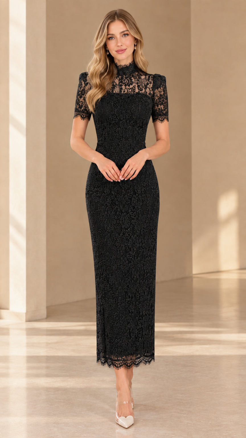 Front view of black mock neck floral lace evening maxi dress