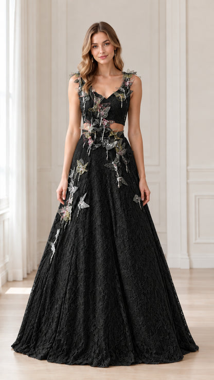 Front view of woman wearing Black 3D butterfly lace cutout evening gown
