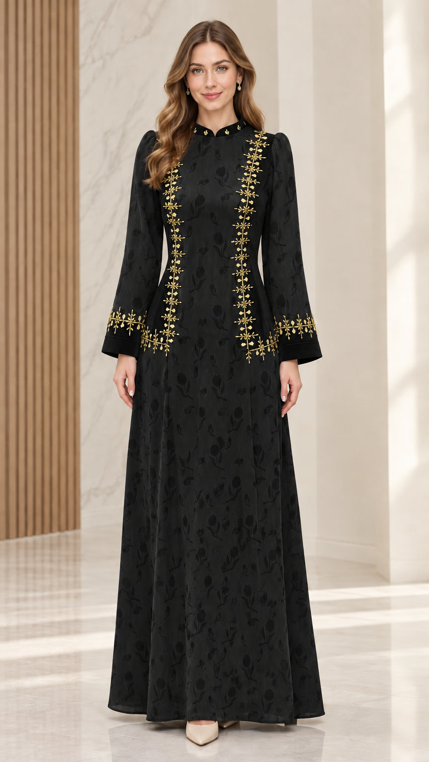 Black embroidered floral jacquard long sleeve maxi dress
