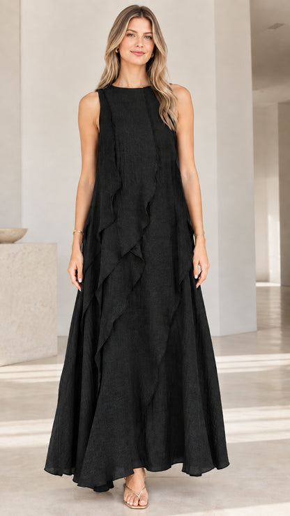 Full-length front view of woman wearing Black sleeveless ruffle maxi dress