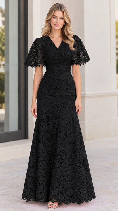Black floral lace flutter sleeve maxi dress for formal occasions