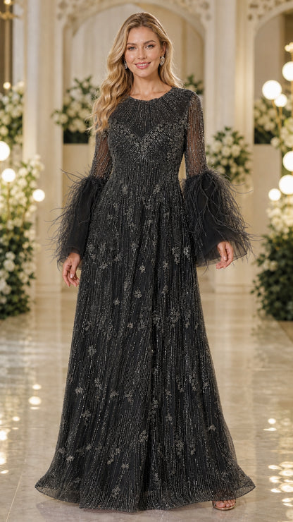 Black sequin beaded long sleeve evening gown with voluminous feather cuffs