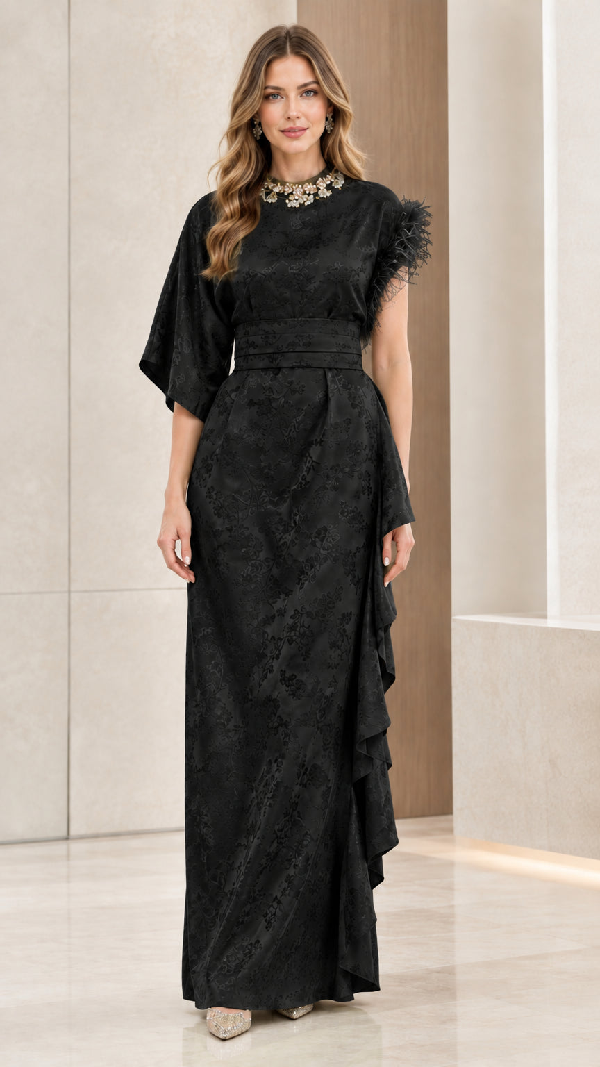 Black floral jacquard evening maxi dress with embellished neckline