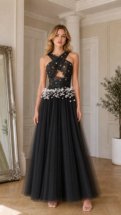 Black criss-cross halter tulle evening gown with white 3D floral waist embellishments