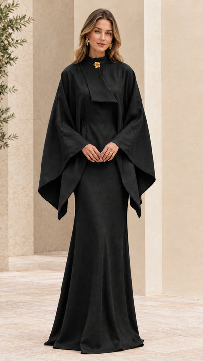 Full front view of elegant black high neck cape sleeve maxi dress