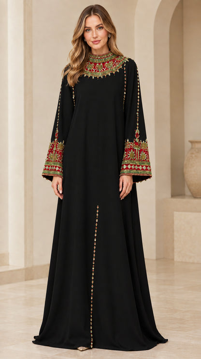 Full front view of Black embroidered high neck maxi kaftan dress