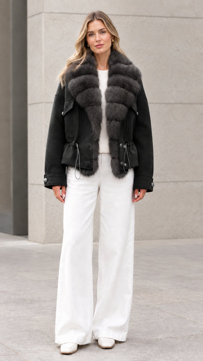 Woman wearing black faux fur trim drawstring waist short coat